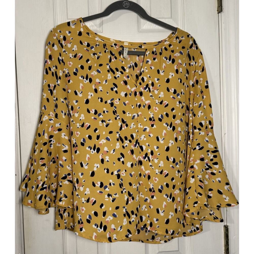 MTS Women's Yellow Spotted Blouse, Flutter Sleeve, Small